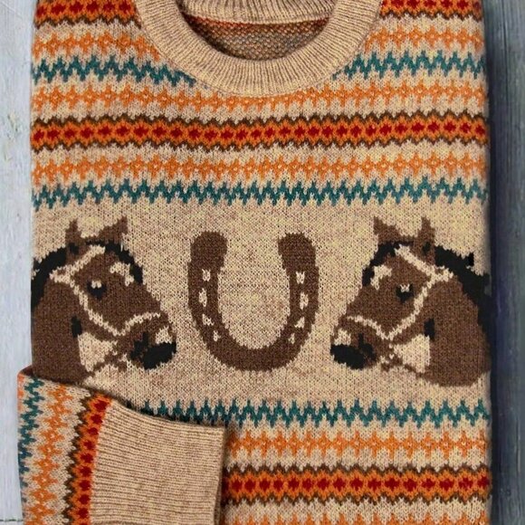 Multicolor Casual Women's Western Horse Graphic Sweater top - Picture 3 of 6